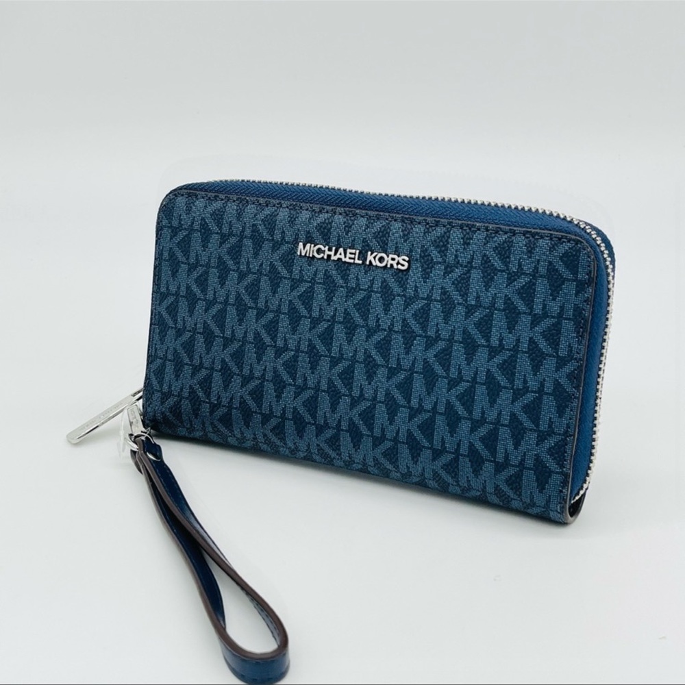 Michael Kors Large Flat Mf Phone Case Wallet Leather Blue - Picture 4 of 7
